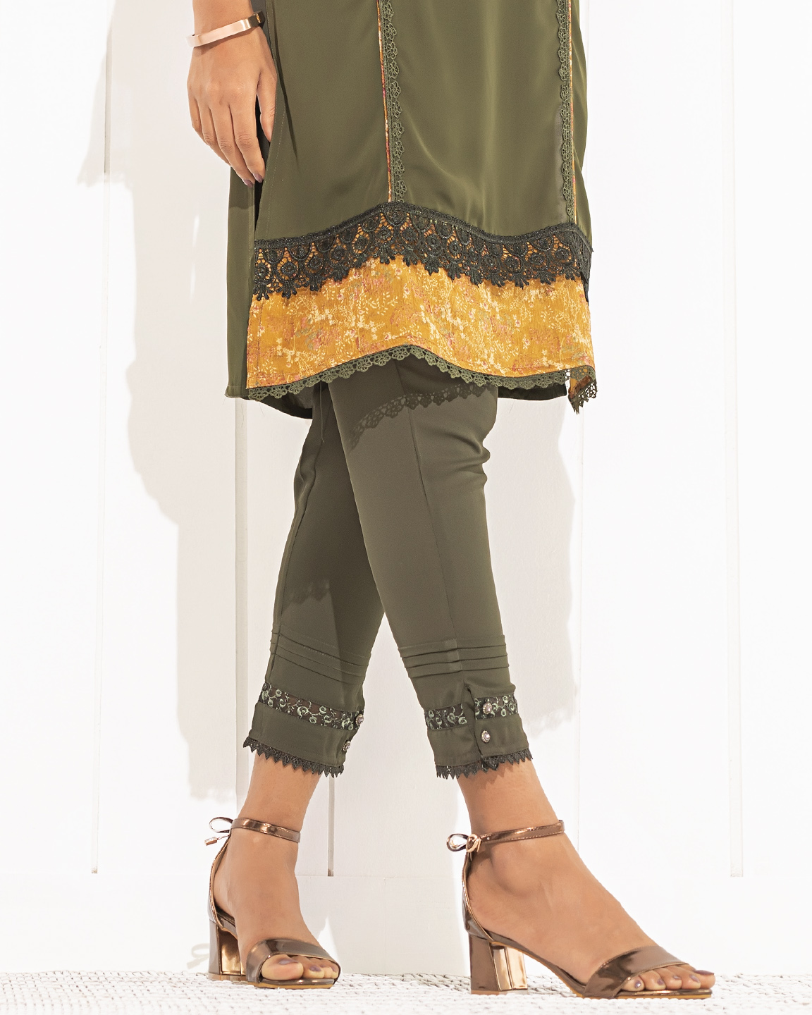 Female Ankle Length Narrow Hem Pant With Lace Details | Olive Green |  Texmart