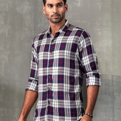 Cotton slim fit woven checkered shirt | Navy Blue